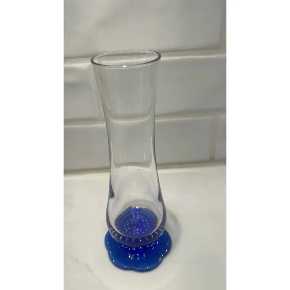 Italian Bormioli Rocco Vase 7.5” Cobalt Blue Flower Shape Base Controlled Bubble